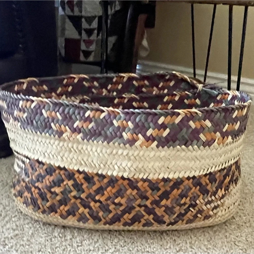 Boho Woven Baskets 2 Large Orange Purple Green Striped Open Storage Vtg Rattan